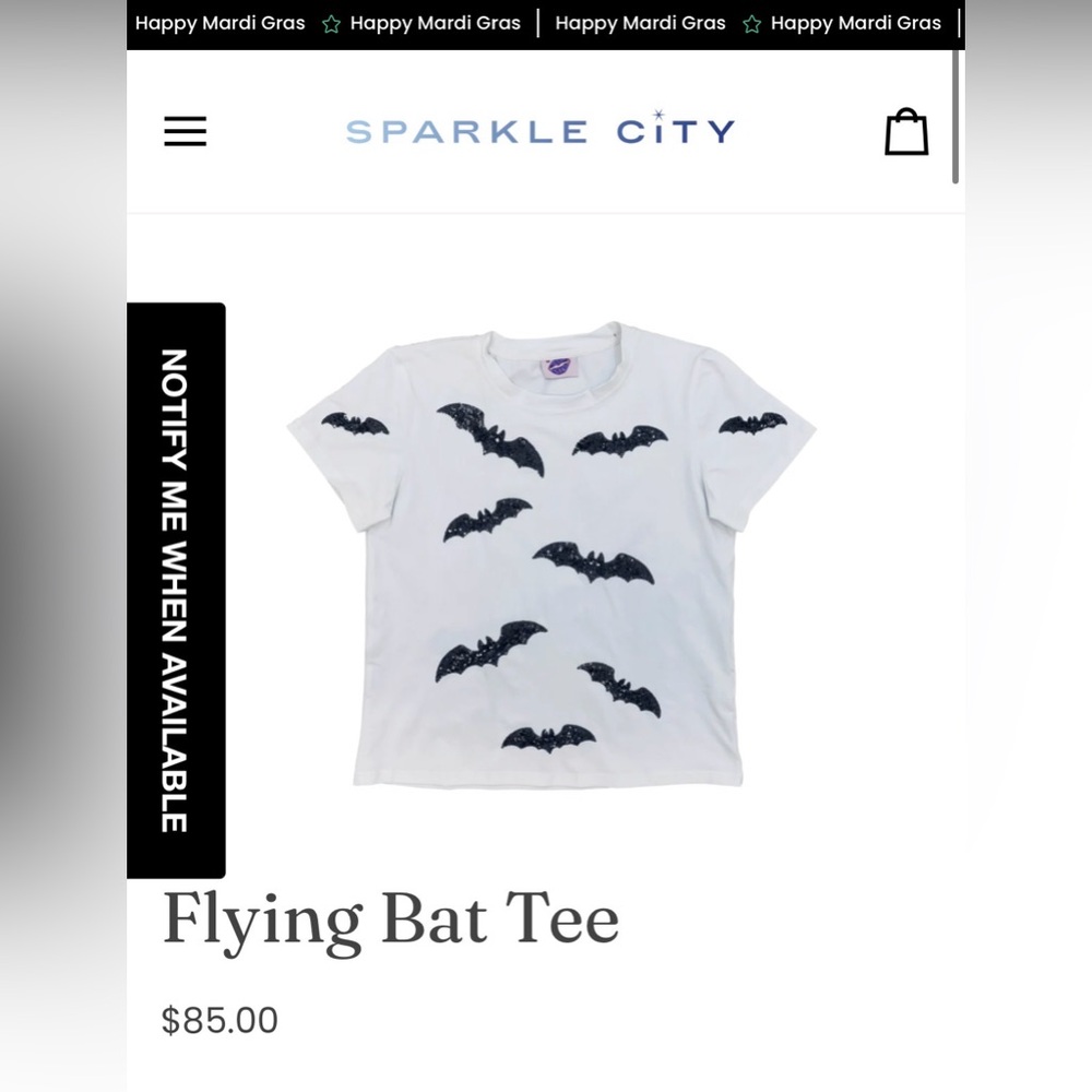 Sparkle City Flying Bat Tee - White with Black Bat Prints